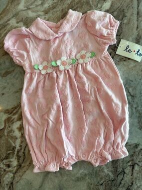 Le Top Baby Girls Pink Terry Bubble Romper Flowers Peter Pan Collar 9M Short